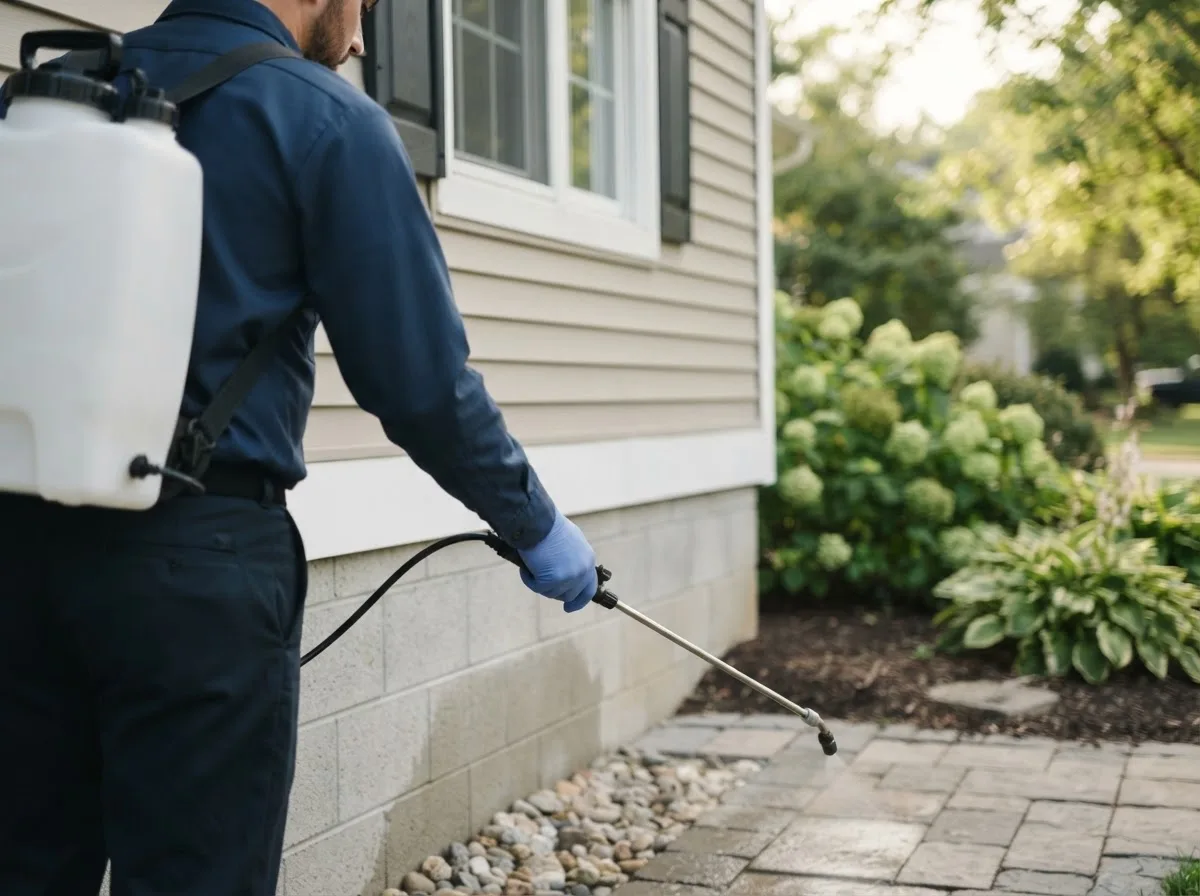 Pest control technician inspecting a home in Colon, NE